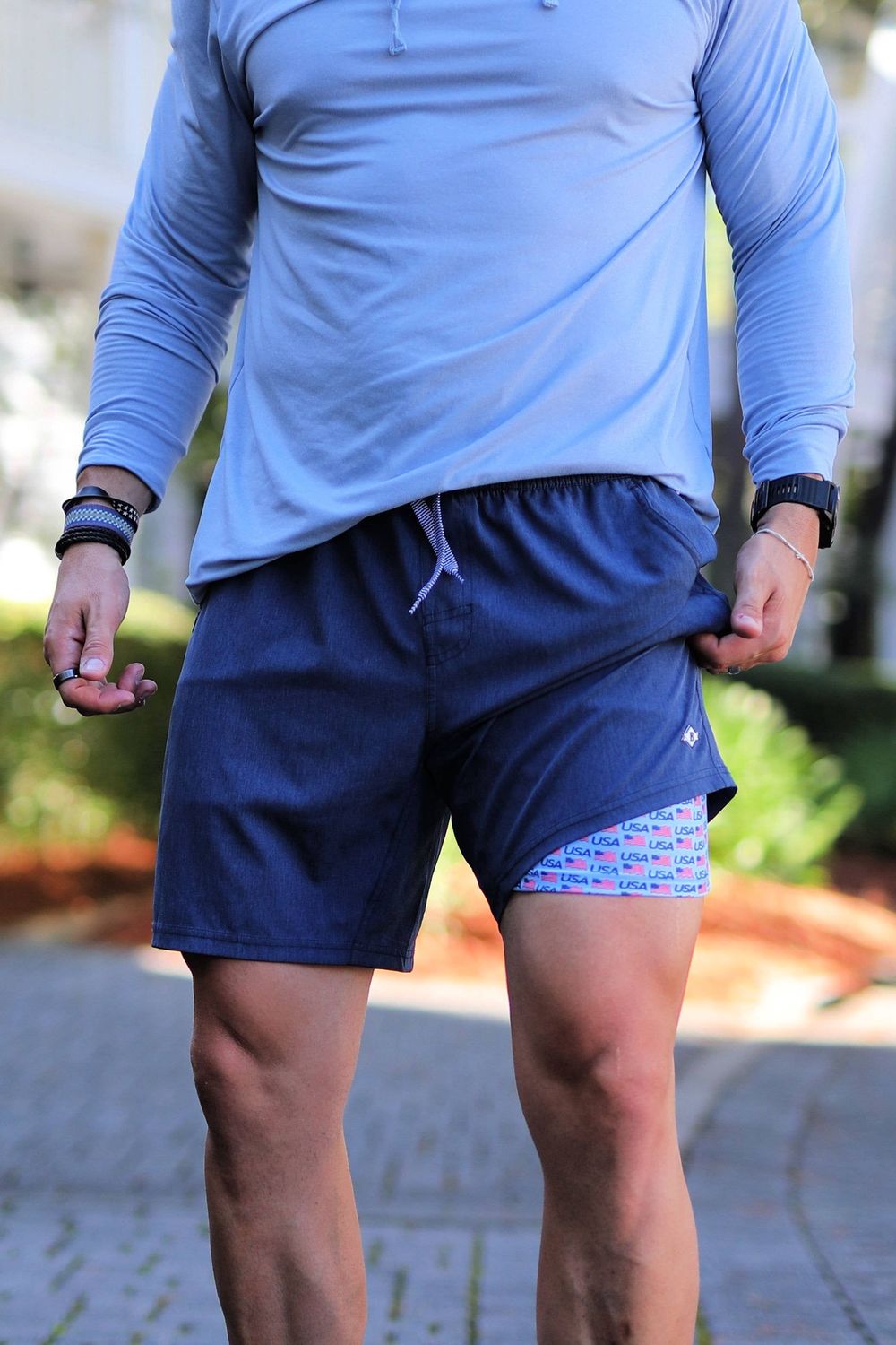 Burlebo Athletic Shorts - Heather Navy - USA Flag