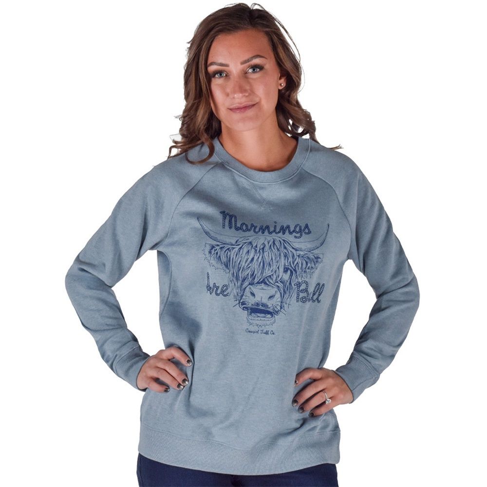 Cowgirl Tuff Mornings Are Bull Navy Print Crew Neck - Light Blue