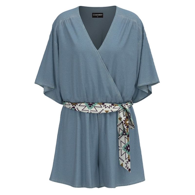 Hooey Ladies Denim Romper and Cream Belt with Aztec Pattern HR002DE