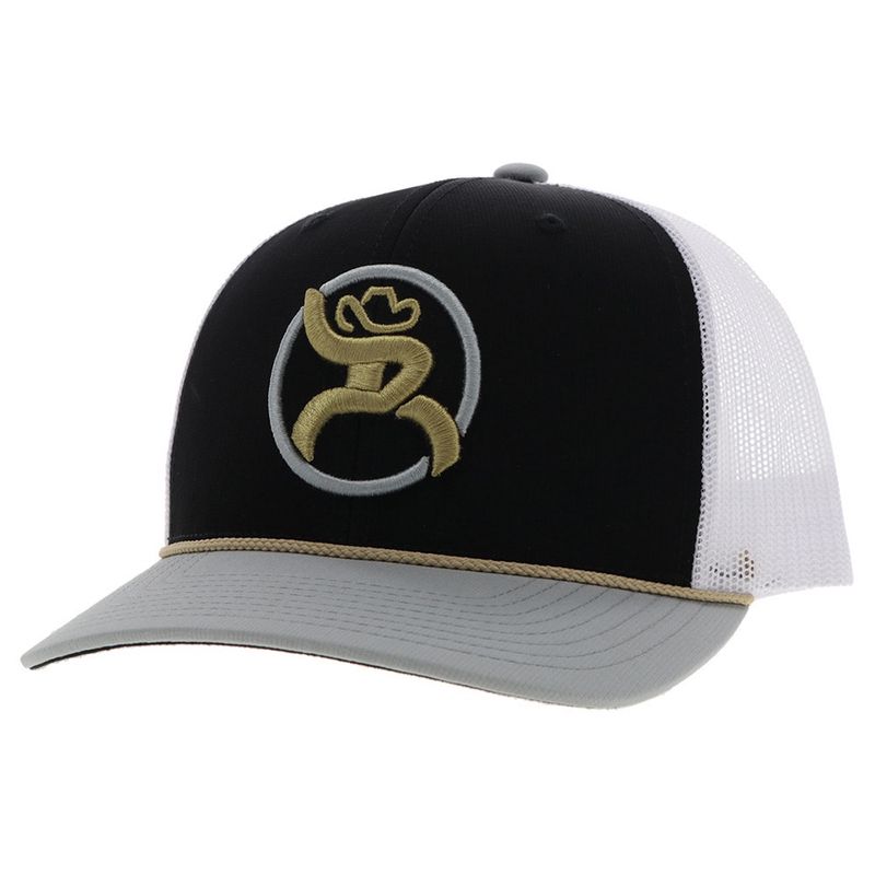 Hooey Strap Roughy Hat Black/White W/Gold &amp; Grey Patch