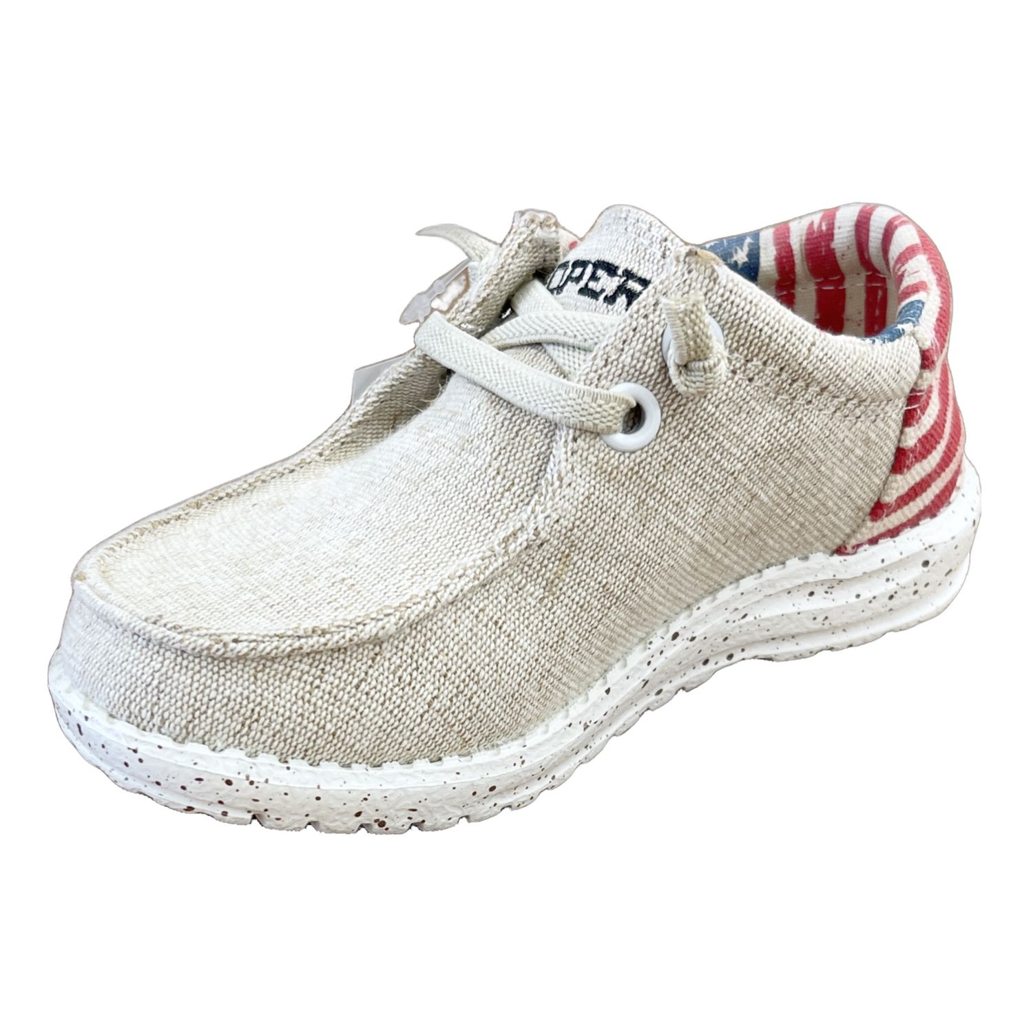 Kid&#39;s Beige Canvas With Flag Heel Shoe