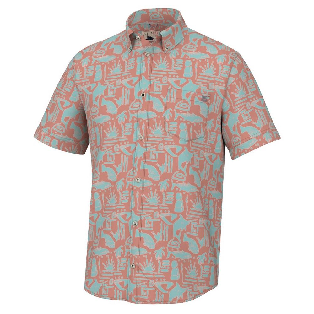 Huk Men&#39;s Kona Button Down Tiki Beach Sundown Shirt H1500193
