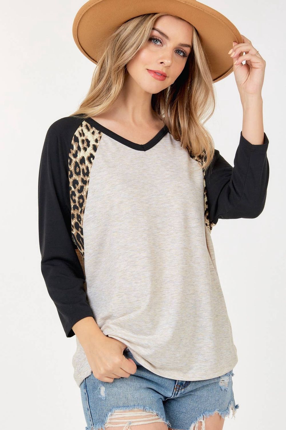 Long Sleeve V Neck Top with Camo Sleeves