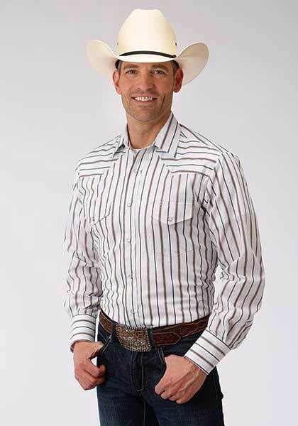 Men&#39;s 00039 Brown &amp; Grey Wide Strip Snap Western Shirt