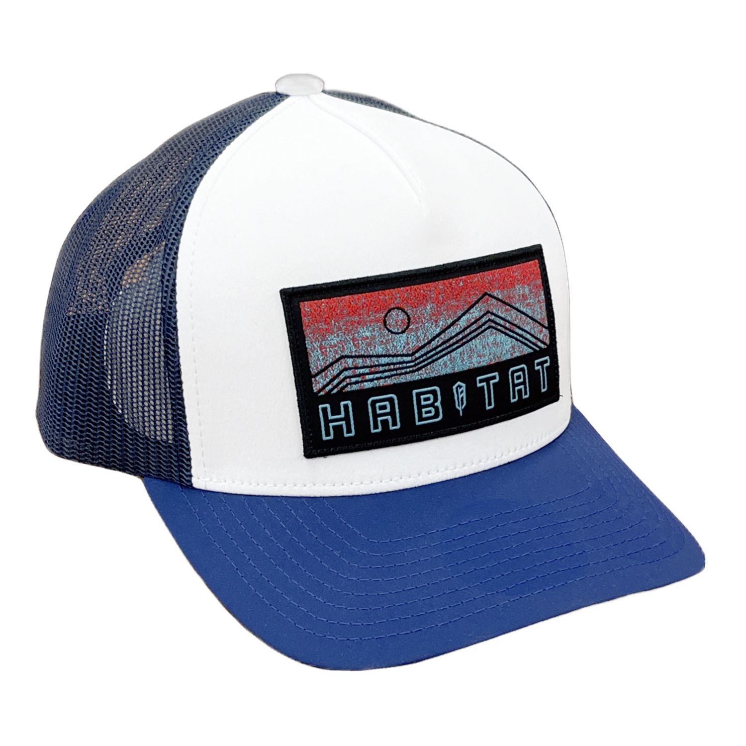 Men&#39;s Habbitat White/Navy 5 Panel Trucker with Black/Red/Blue Rectangle Patch OSFA