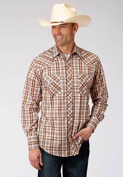 Men&#39;s Long Sleeve Snap Shirt Woven Plaid 00046 Brown Rust Cream Plaid