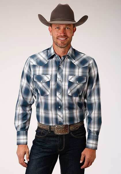 Men&#39;s 00307 Blue, Grey &amp; White Plaid Snap Shirt