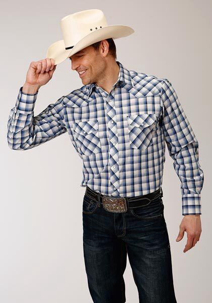 Men&#39;s Long Sleeve Snap Shirt Woven Plaid 01018 Royal Black Cream Plaid