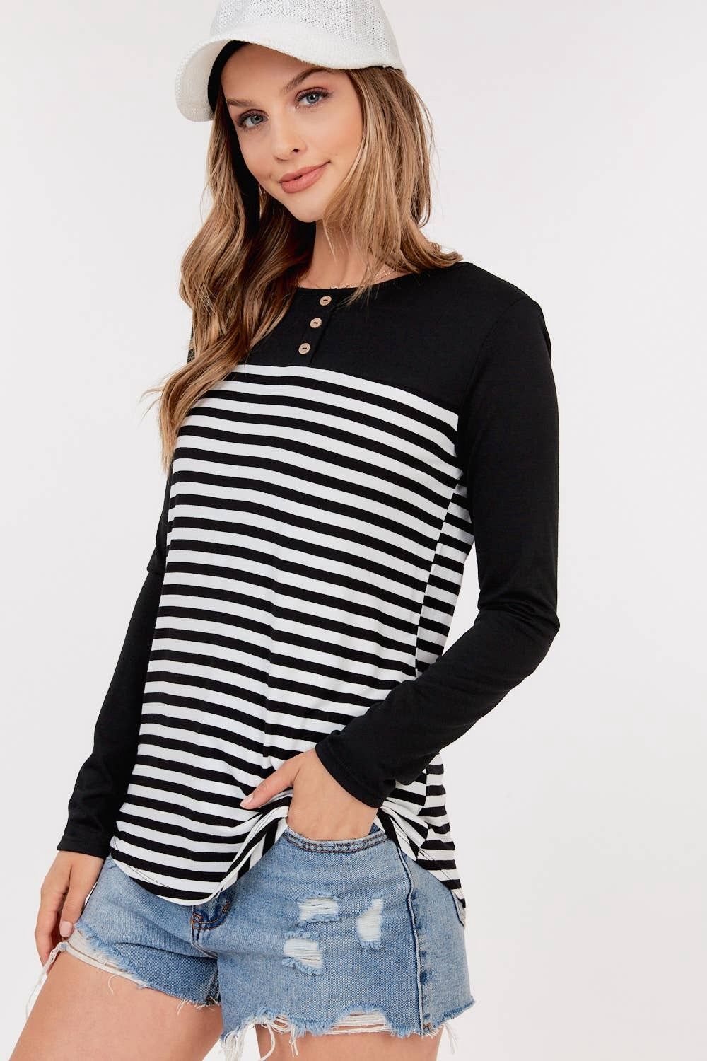 Long Sleeve Stripe Contrast Button Trim Top