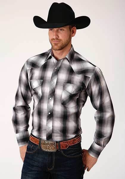 Men&#39;s Long Sleeve Snap Shirt Woven Plaid 00314 Black White Grey Plaid