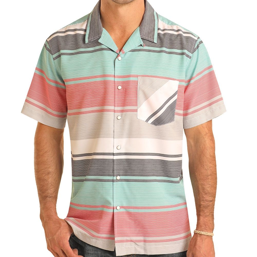 Rock &amp; Roll Denim Tek Western Aztec Print Short Sleeve Camp Snap Shirt - BMN5S04224