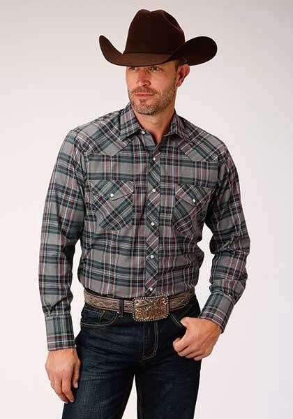 Men&#39;s Long Sleeve Snap Shirt Woven Plaid 00308 Grey Navy White Plaid