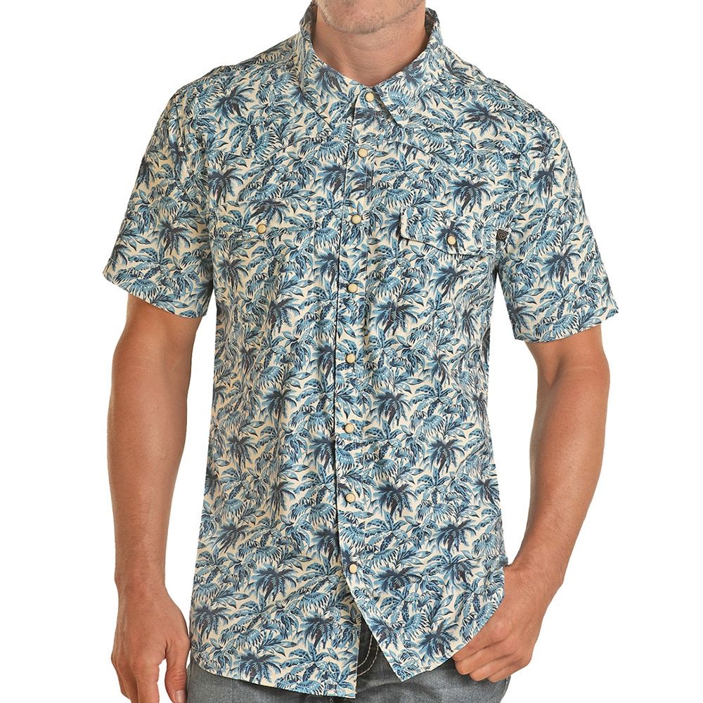 Rock &amp; Roll Denim Men&#39;s Tek  Western Blue Tropic Snap Short Sleeve Shirt