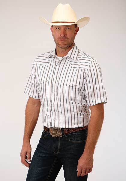 Men&#39;s 00039 Brown &amp; Grey Wide Strip Short Sleeve Western Snap Shirt