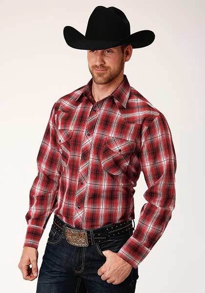 Men&#39;s Long Sleeve Snap Shirt Woven Plaid 00317 Red White &amp; Black Plaid