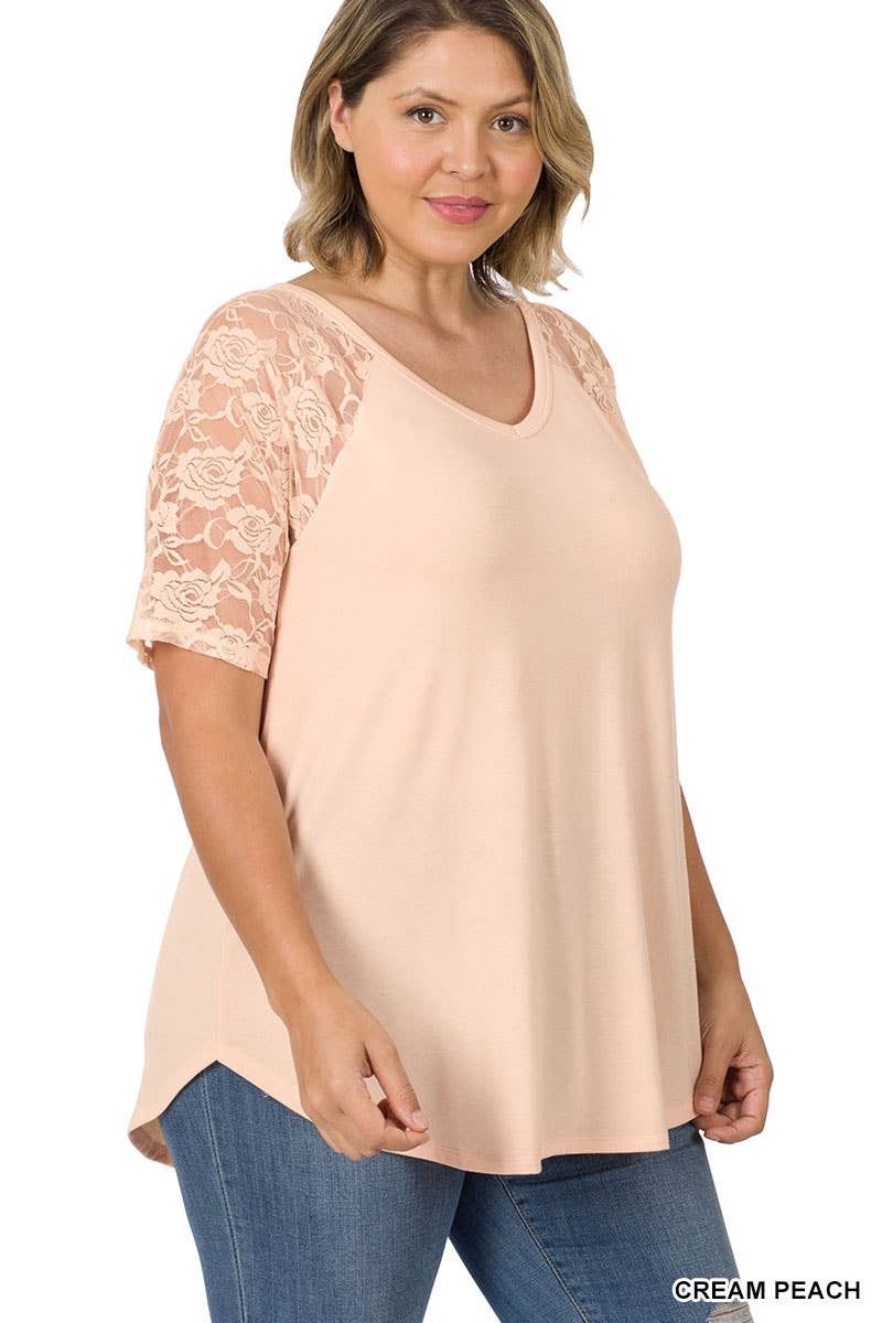Plus Lace Detail Short Sleeve V-Neck &amp; Round Hem