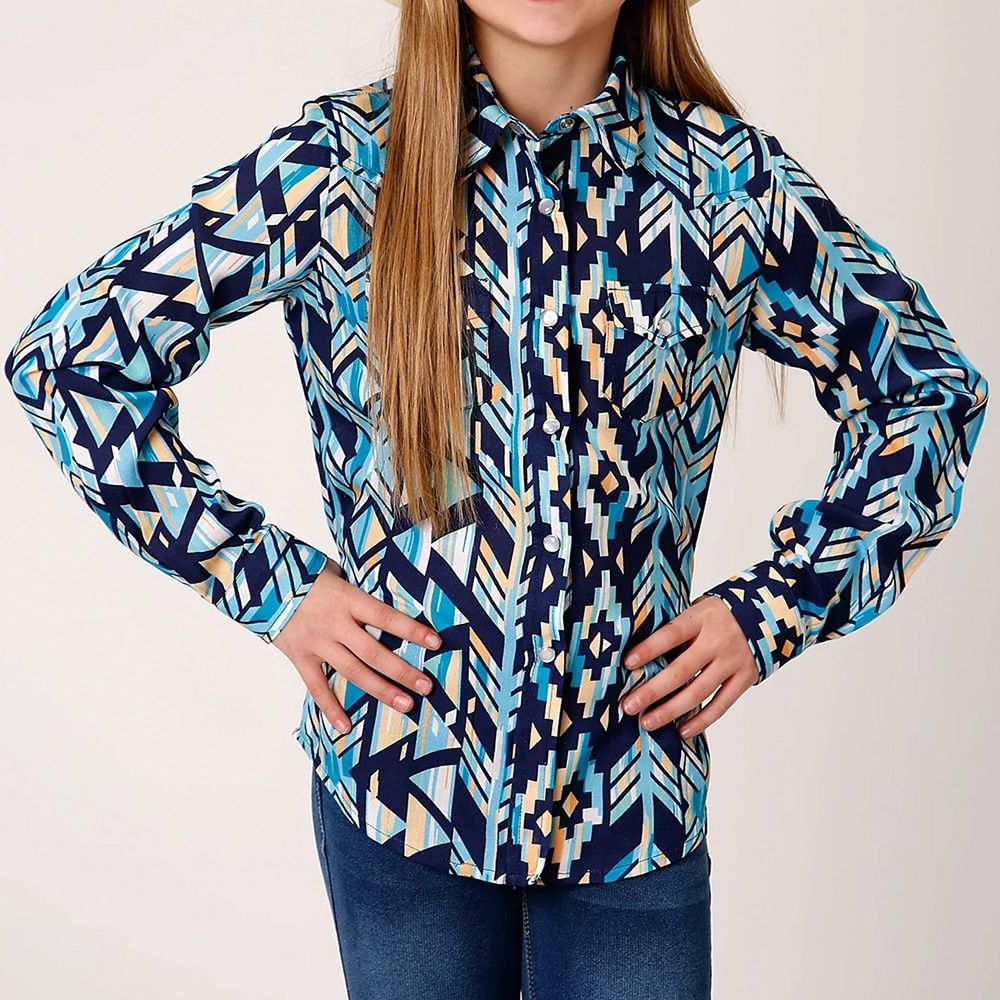 Roper Girl&#39;s Long Sleeve Snap Modern Aztec Print Shirt 2048