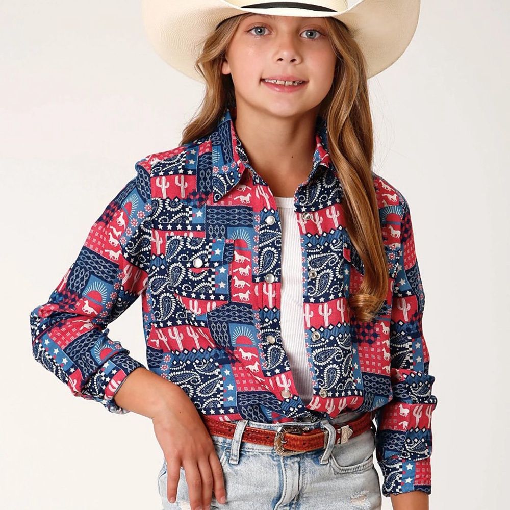 Roper Girl&#39;s Long Sleeve Snap Bandana Print Rayon Shirt 0452