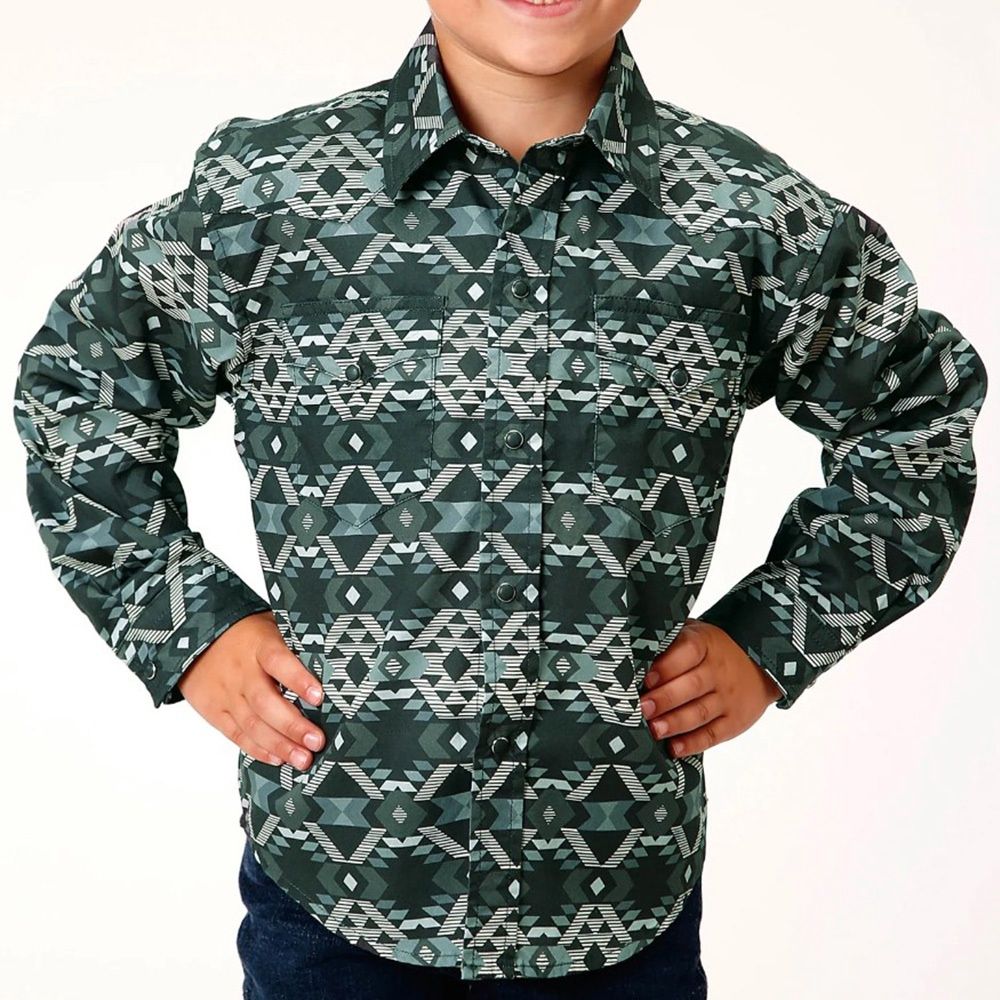 Roper Boy&#39;s Long Sleeve Snap Slate Aztec Print Western Shirt 0469