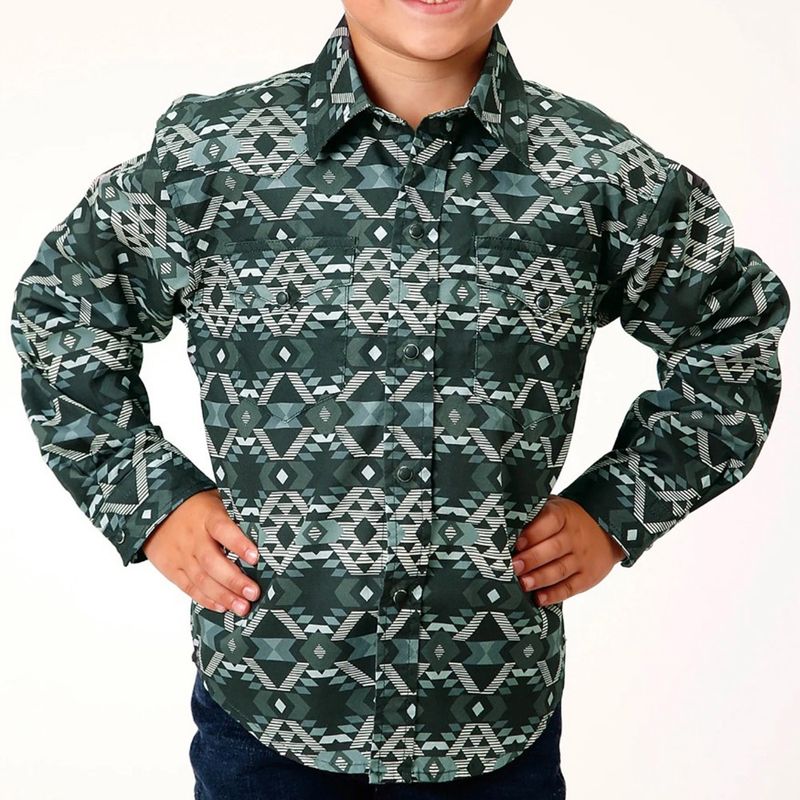 Roper Boy&#39;s Long Sleeve Snap Slate Aztec Print Western Shirt 0469