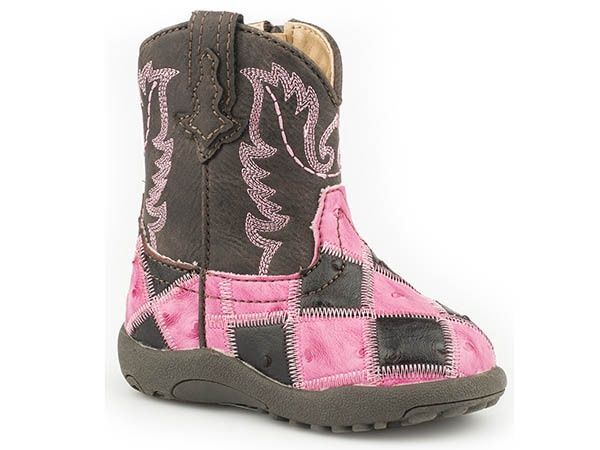 Roper Infant&#39;s Pink &amp; Brown Faux Ostrich Leather Patchwork Boot