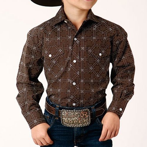 Roper Boy&#39;s Long Sleeve Snap Western Style Brown/White Shirt 0708