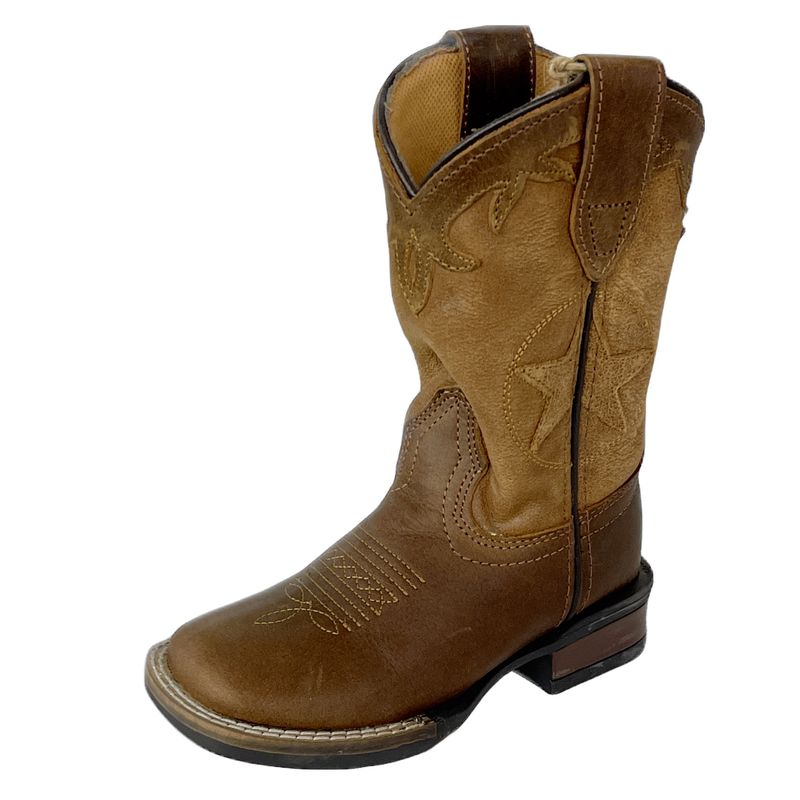 Roper Kids Brown Polished Leather Vamp Tan Shaft Star Overlay Boot