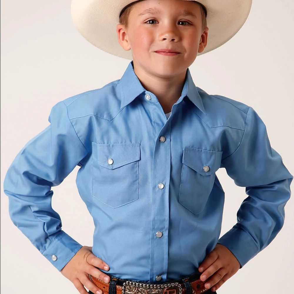 Roper Boy&#39;s Long Sleeve Snap Solid Blue Western Shirt 0252