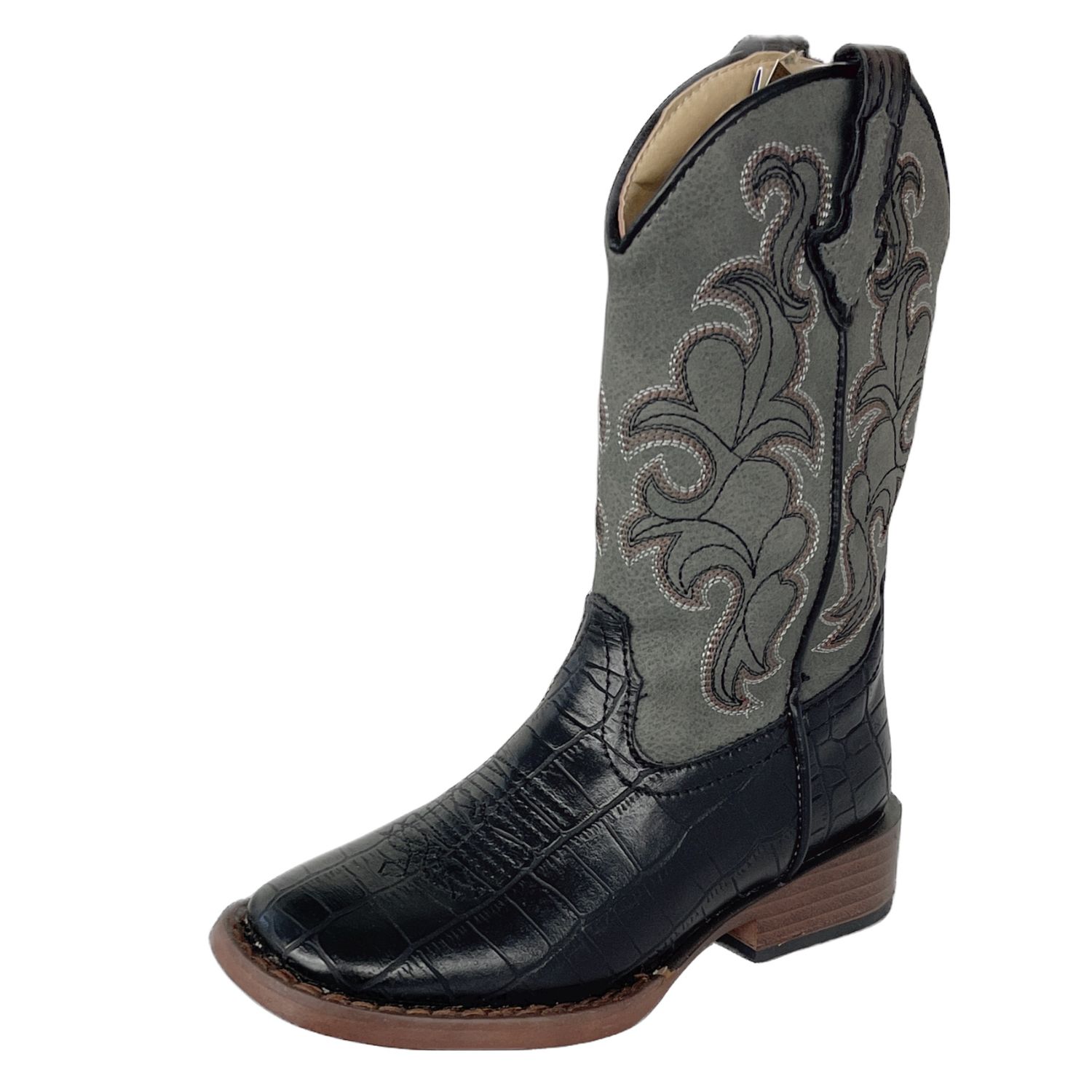 Roper Kid&#39;s Black Faux Croc Leather Western Square Toe Boot