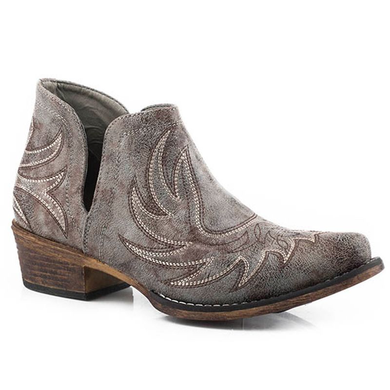 Roper Women&#39;s Ava Grey Faux Leather With Western Stitch Ankle Boot 2635