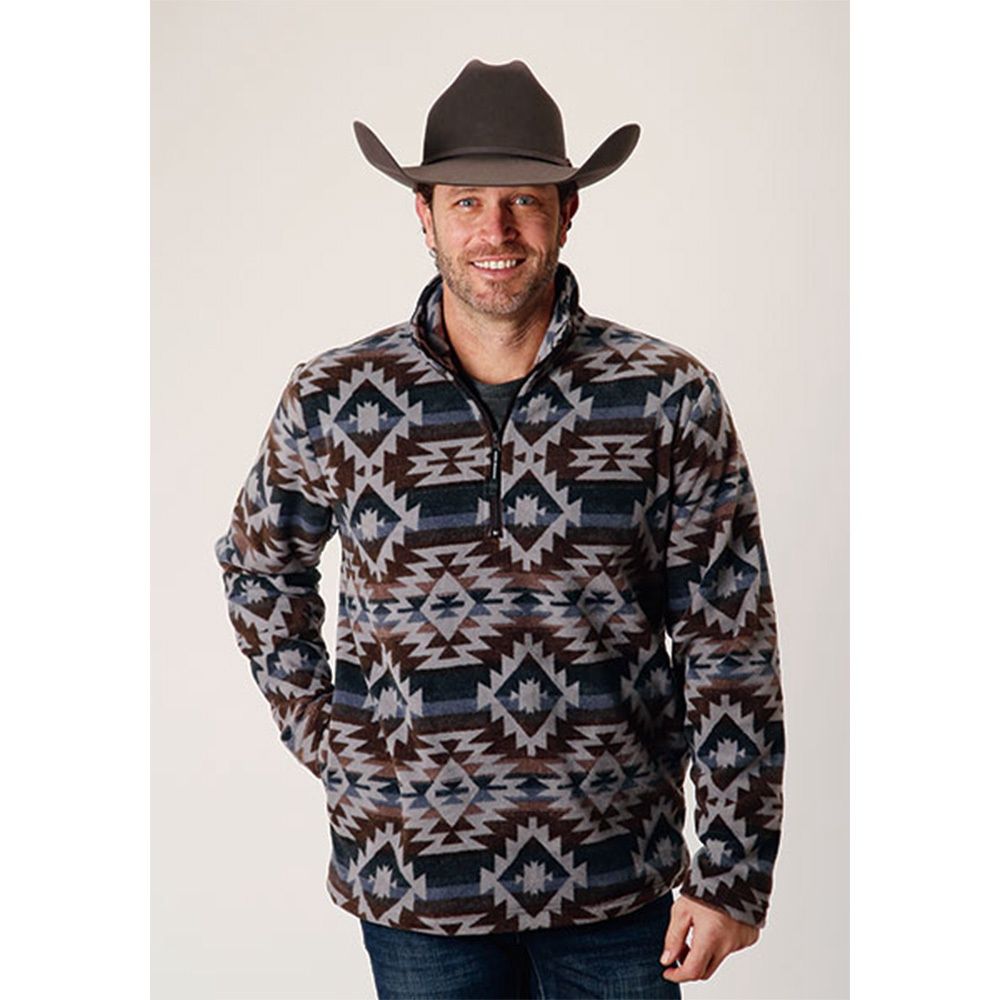 Roper Men&#39;s Aztec Printed Micro Fleece Black/Grey Pullover
