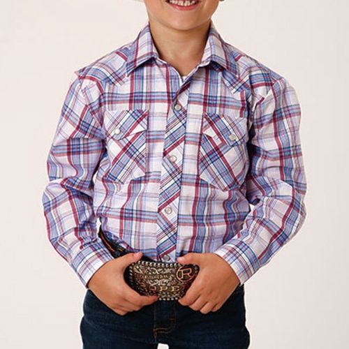 Roper Boy&#39;s Long Sleeve White/Berry/Lt Blue Plaid Western Shirt 0581