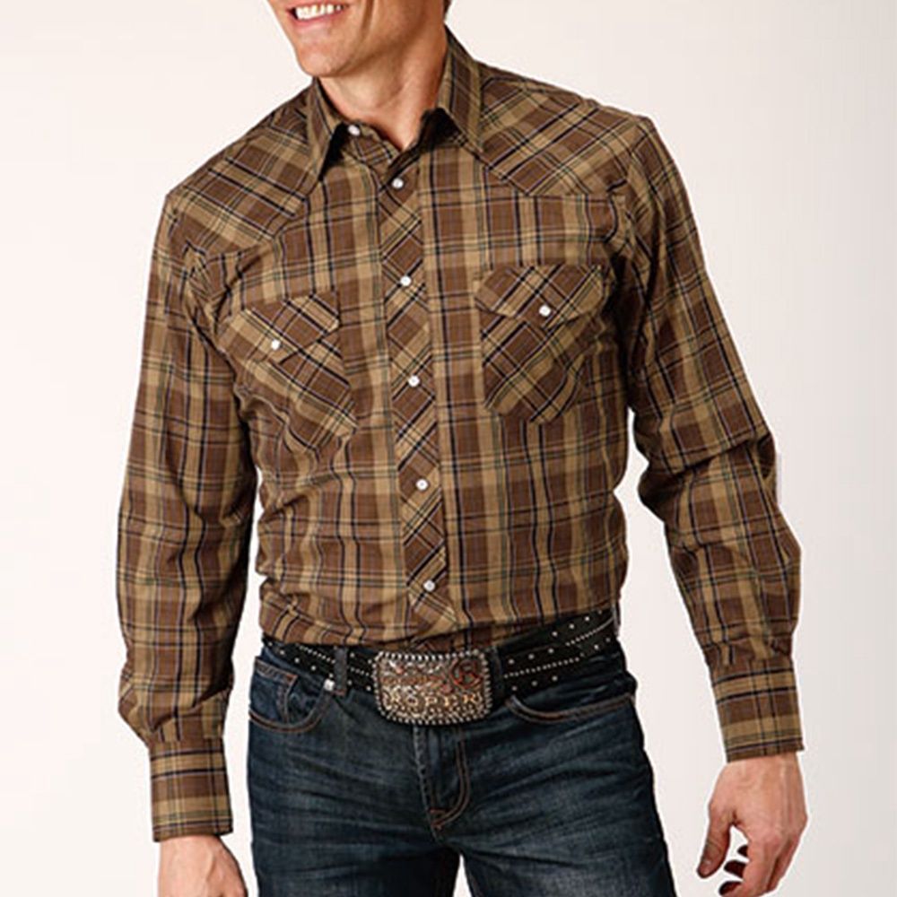 Roper Men&#39;s Multi Brown Plaid Long Sleeve Western Snap Shirt 6040