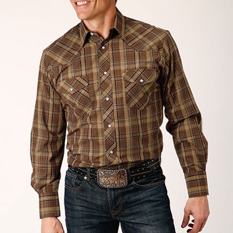 Roper Men's Multi Brown Plaid Long Sleeve Western Snap Shirt 6040