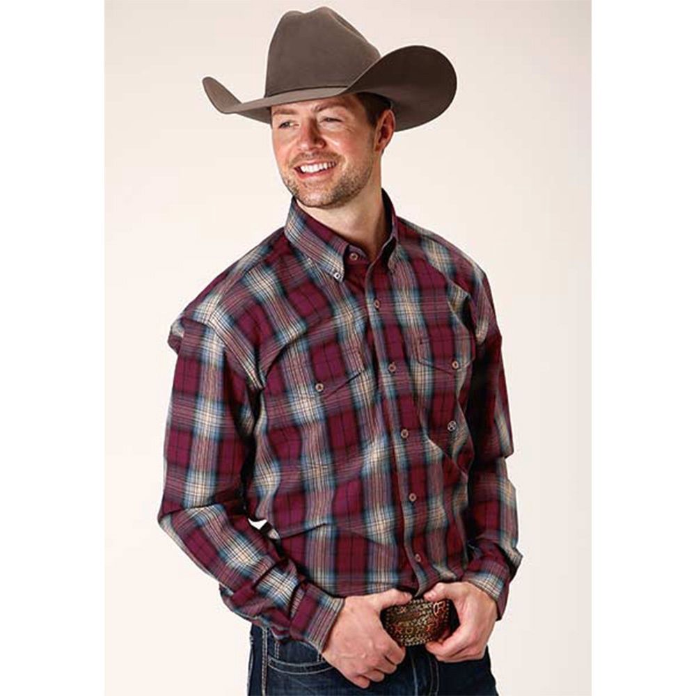 Roper Men&#39;s Amarillo Wine Plaid LS Shirt 1046