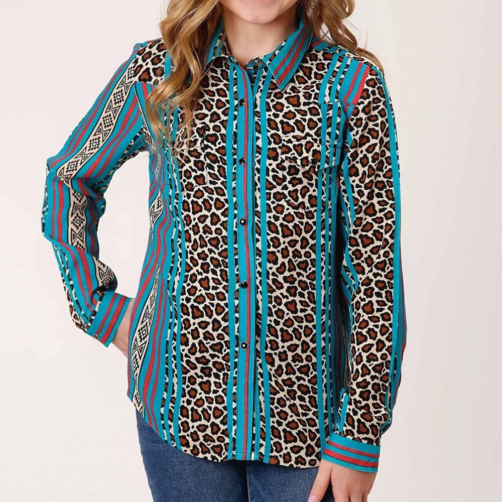 Roper Girl&#39;s Long Sleeve Snap Leopard Stripe Print Rayon Western Shirt 0148