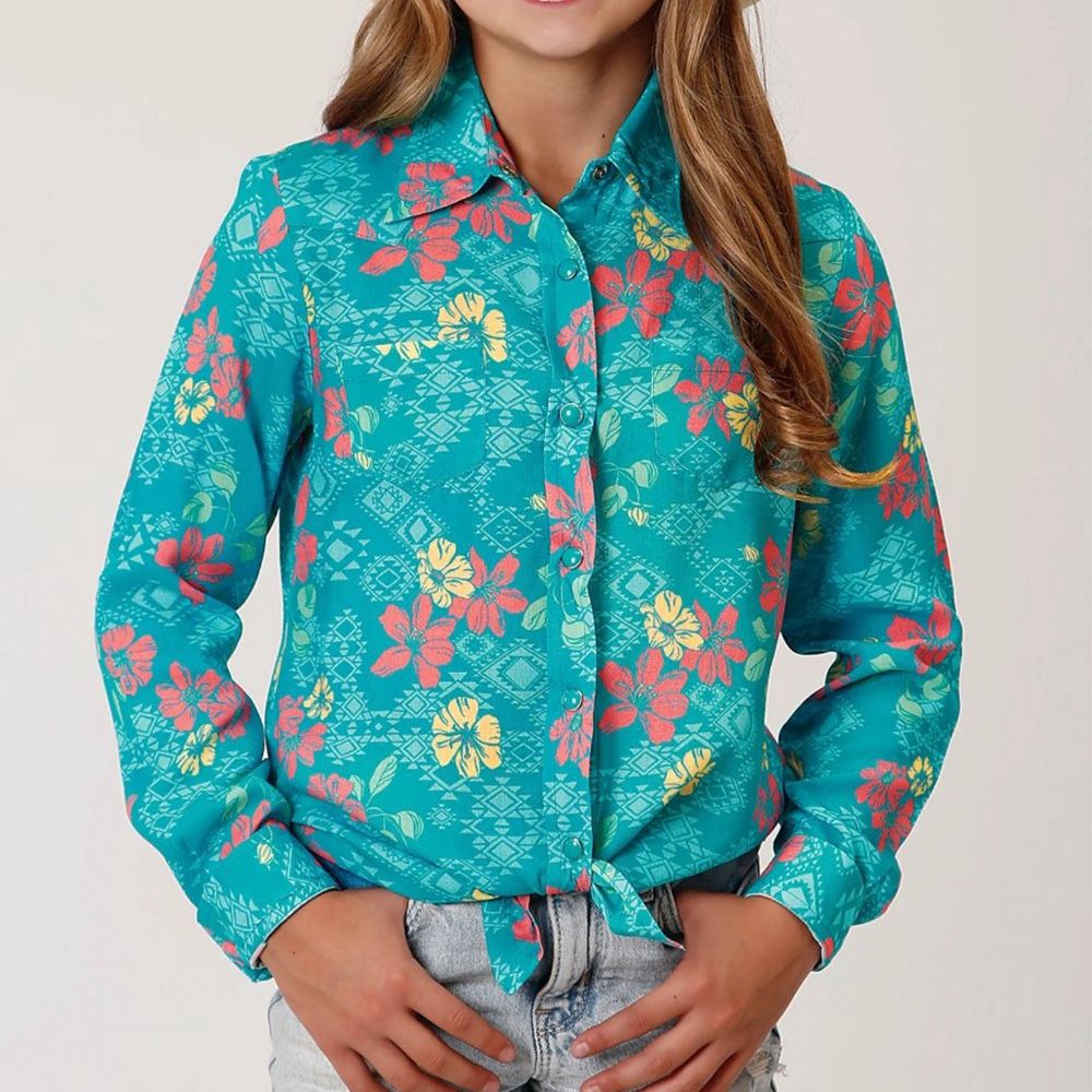 Roper Girls Long Sleeve Snap Tropical Aztec Rayon Western Shirt 0457
