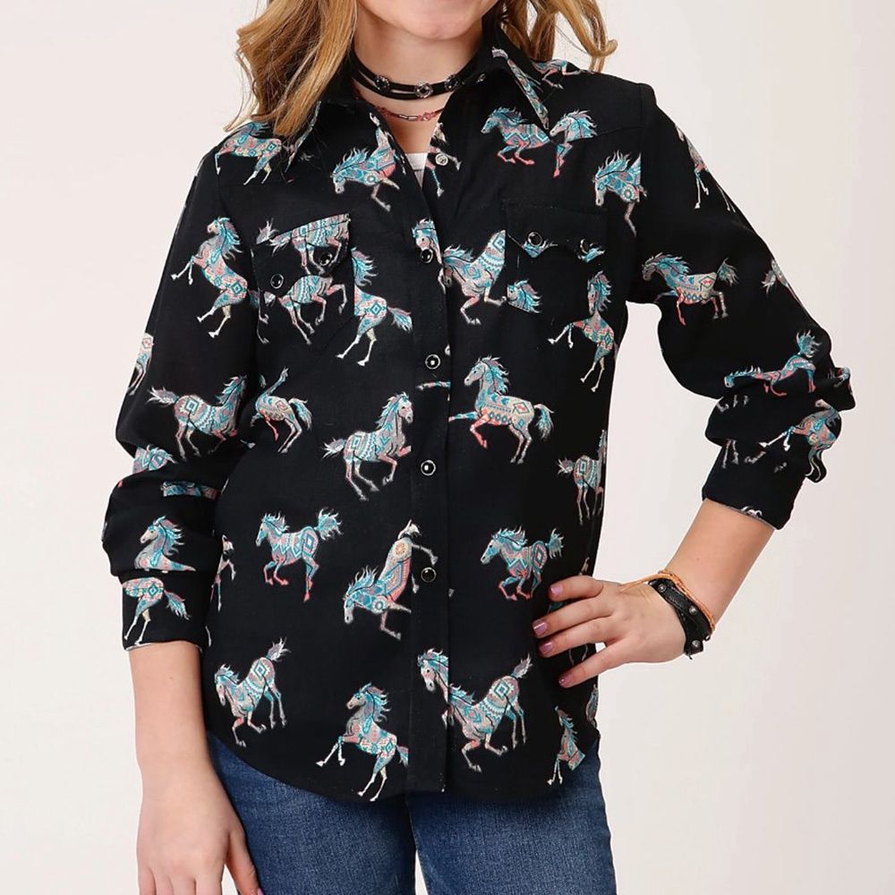 Roper Girl&#39;s Long Sleeve Snap Wild Horse Print Rayon Western Shirt 0154