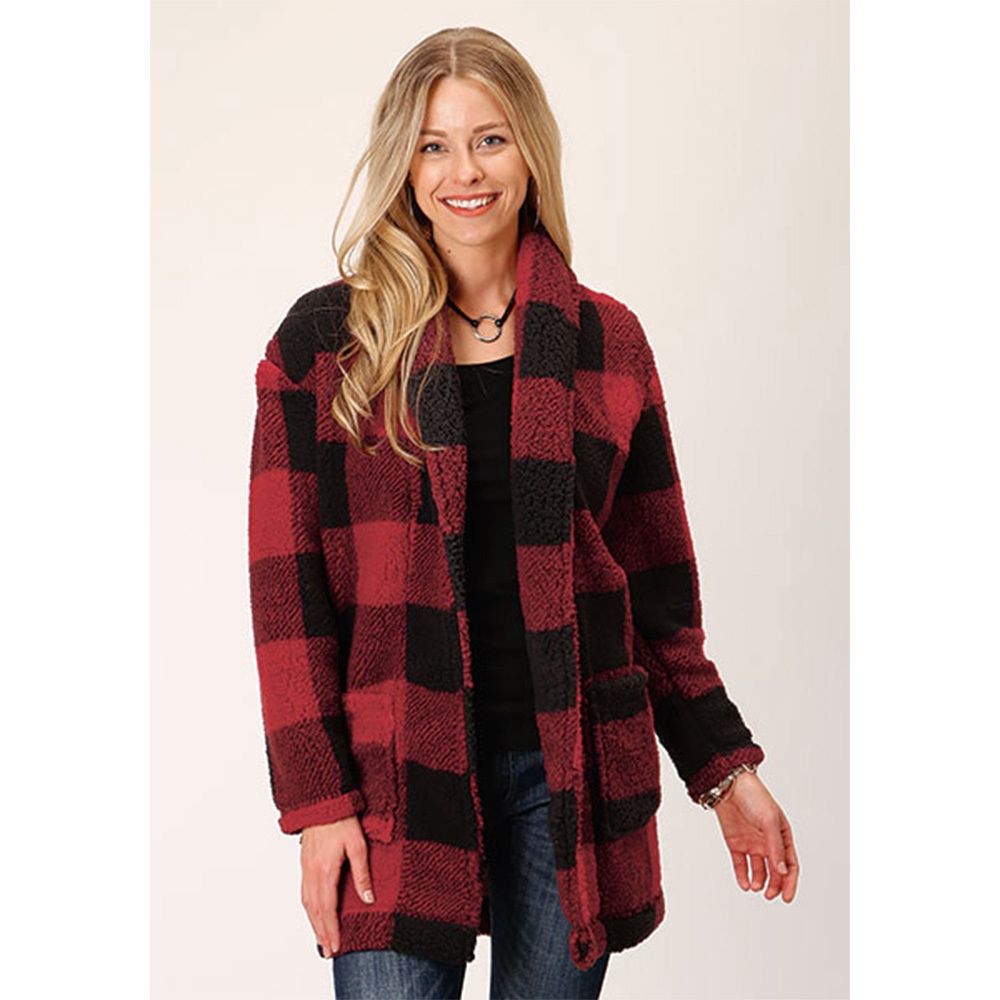 Roper Women&#39;s Fleece Cardigan Sweater Black/Red Buffalo Plaid
