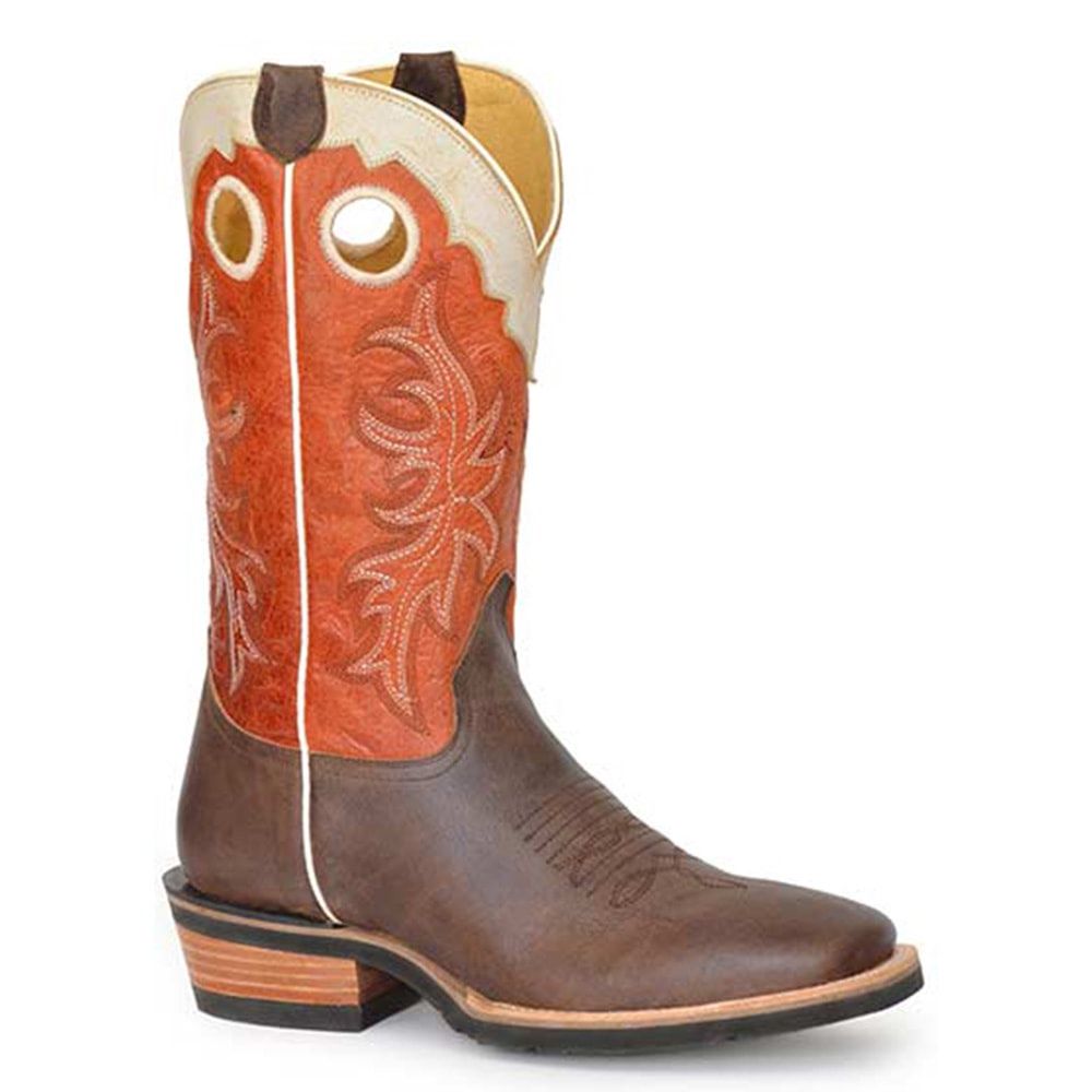 Roper Men&#39;s Square Toe Burnish Brown Leather Cowboy Boot 8498