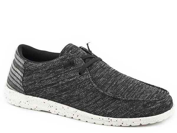 Roper Women&#39;s Eva Moc Black Fabric With Striped Heel