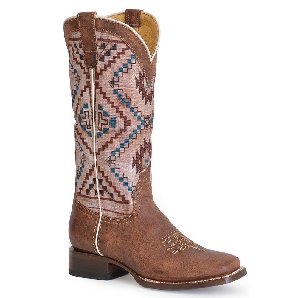 Roper Women&#39;s Margo Vintage Brown Leather Vamp Printed Native Boots 8409