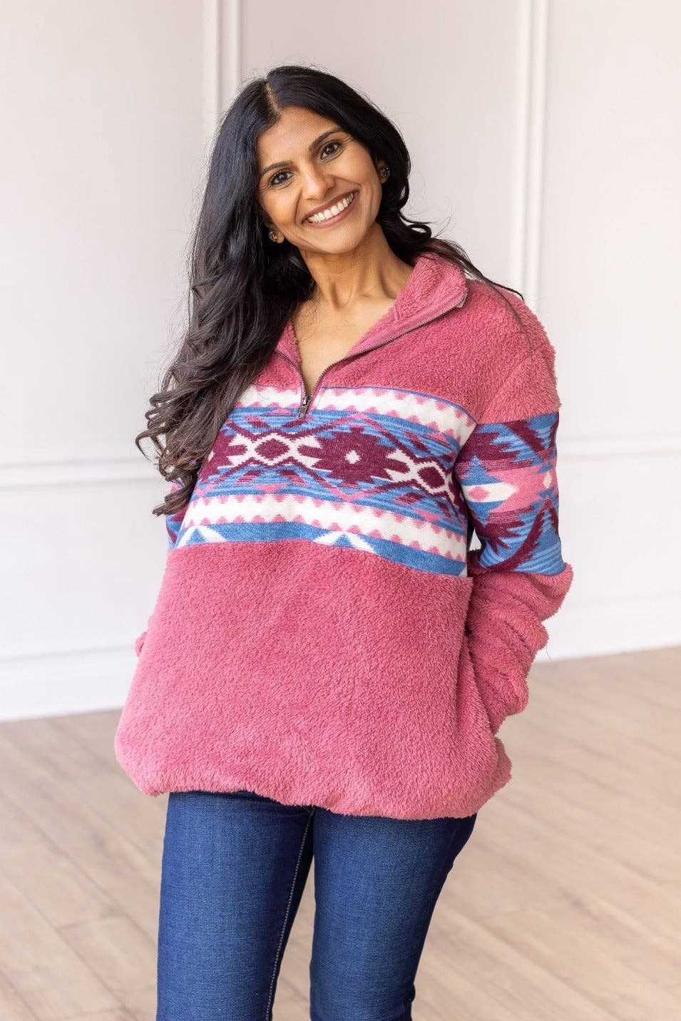 Southern Grace Trend Seeker Blush Pink Aztec Sherpa Half Zipper