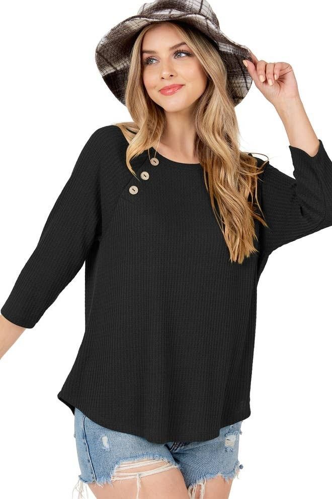 Round Neck 3/4 Sleeve Top with Shoulder Buttons