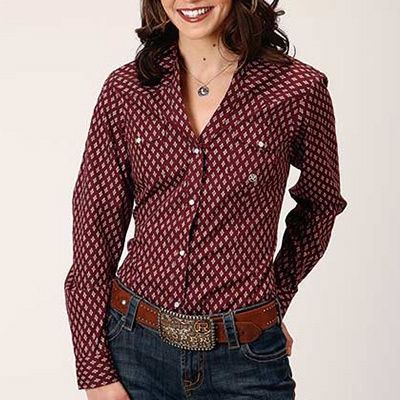 Roper Women&#39;s Long Sleeve Point Diamonds Wine Shirt 0180