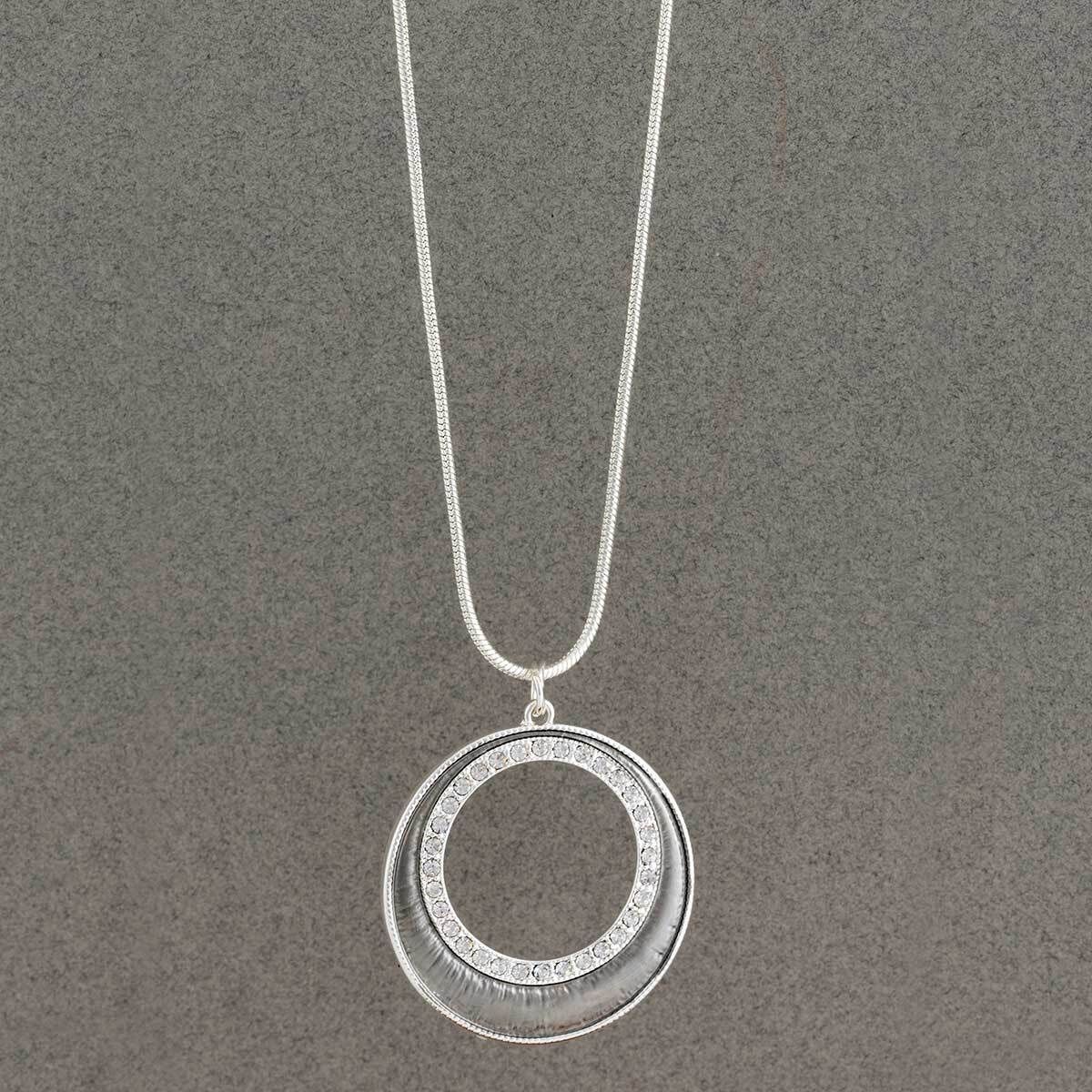 Silver and Gunmetal Circle with Crystals Necklace C3099