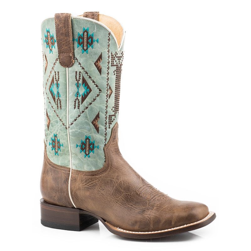 Roper Women&#39;s Out West Burnish Brown Turquoise Leather Vamp Boots 8381