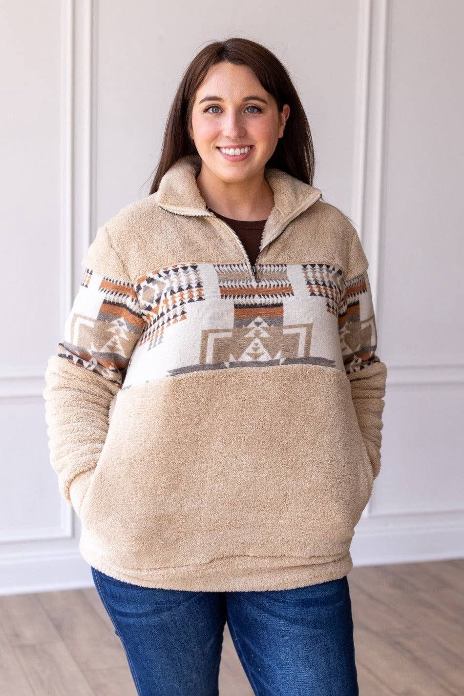 Southern Grace Beige and Aztec Sherpa Pullover