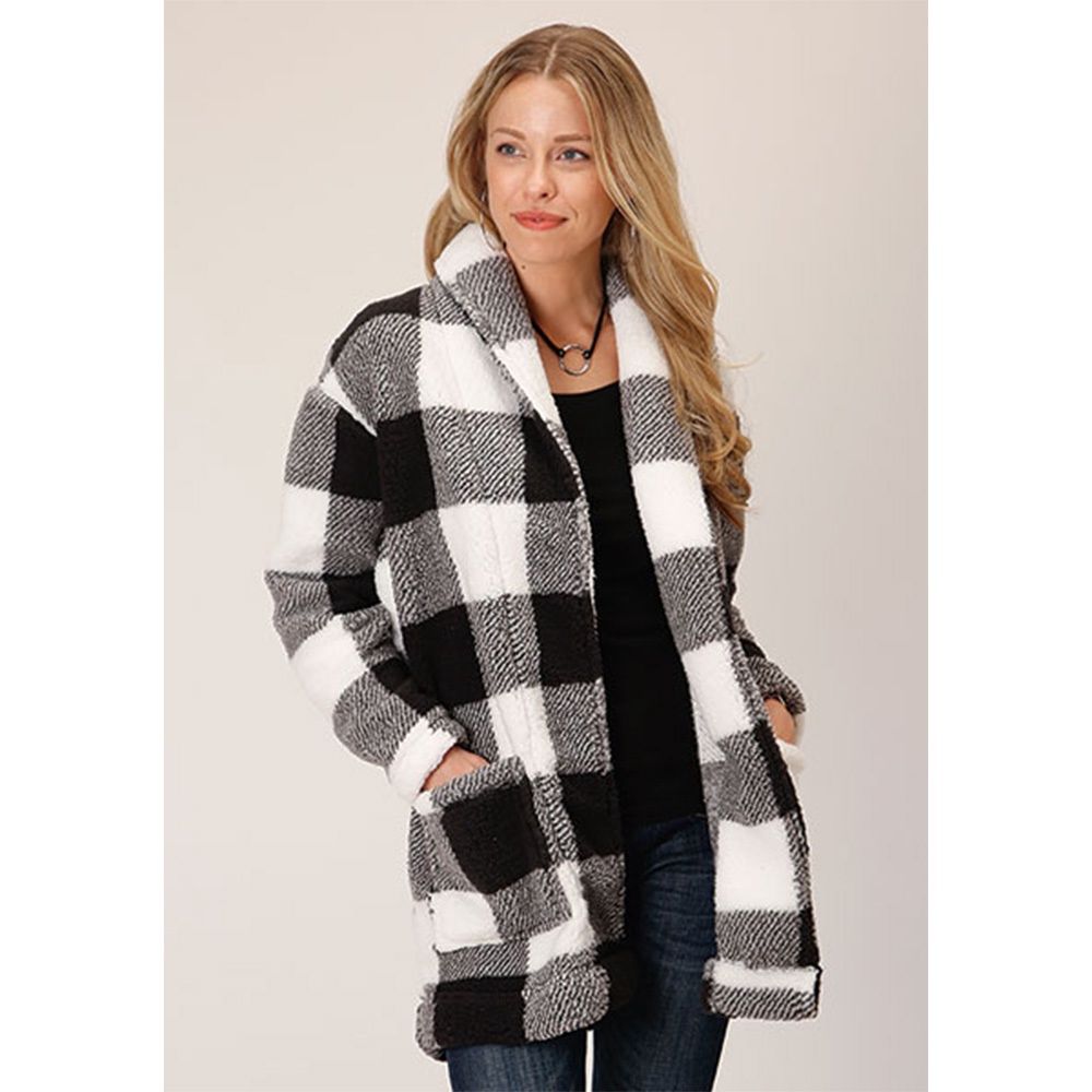 Roper Women&#39;s Fleece Cardigan Sweater Buffalo Plaid Black/White