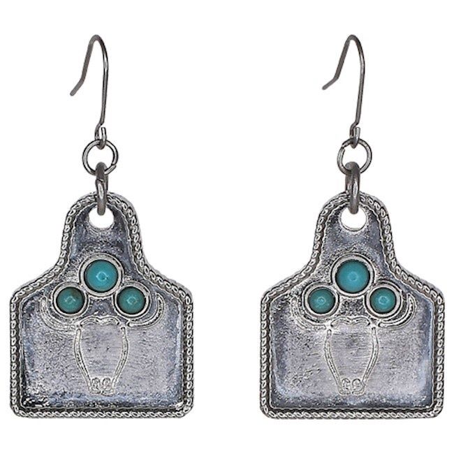 Trenditions Justin Earrings Steer Cow Tag W/Turquoise Colored Stones 23148EJ1